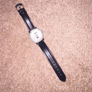 Minnie Mouse Pink Sparkly Watch with Black Faux Leather Strap Disney